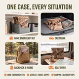 A promotional infographic showing a MRE-style food storage case in four use scenarios: home emergency kit, car trunk, backpack & hiking, and boat or RV. The top text reads 'ONE CASE, EVERY SITUATION.