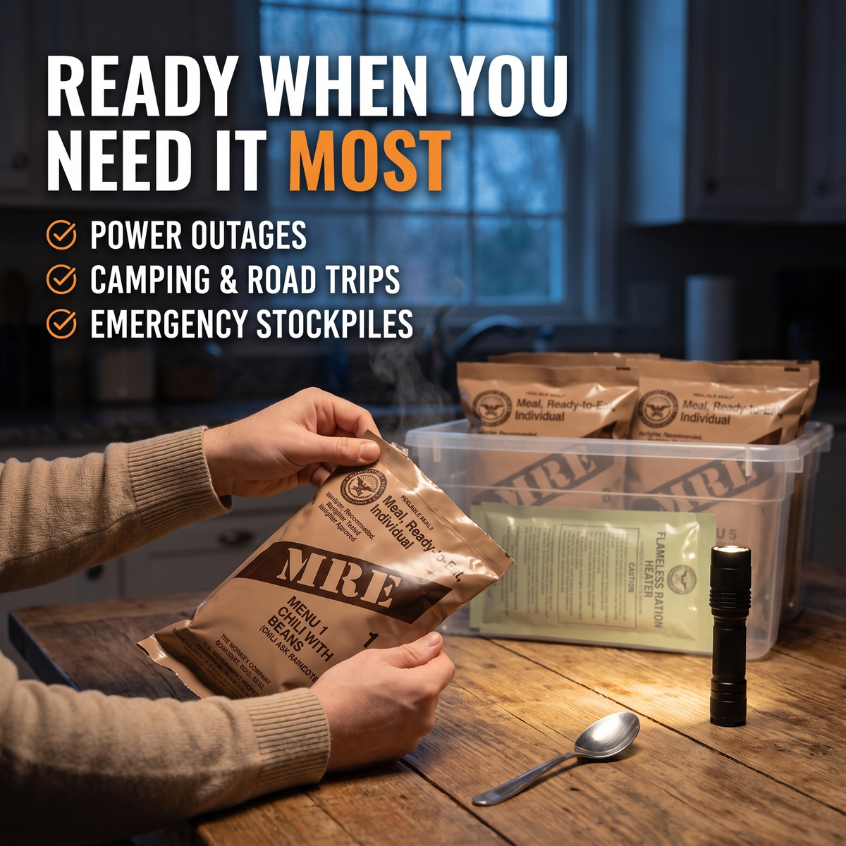 A person holds an MRE meal pouch over a wooden table, with more MRE supplies and a clear storage bin in the background. Large text reads 'READY WHEN YOU NEED IT MOST' with bullet points for power outages, camping & road trips, and emergency stockpiles.