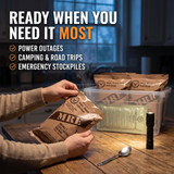 A person holds an MRE meal pouch over a wooden table, with more MRE supplies and a clear storage bin in the background. Large text reads 'READY WHEN YOU NEED IT MOST' with bullet points for power outages, camping & road trips, and emergency stockpiles.