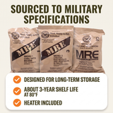 Three MRE meal bags displayed under the headline 'Sourced to Military Specifications' with callout text noting long-term storage, 3-year shelf life at 80°F, and included heater.