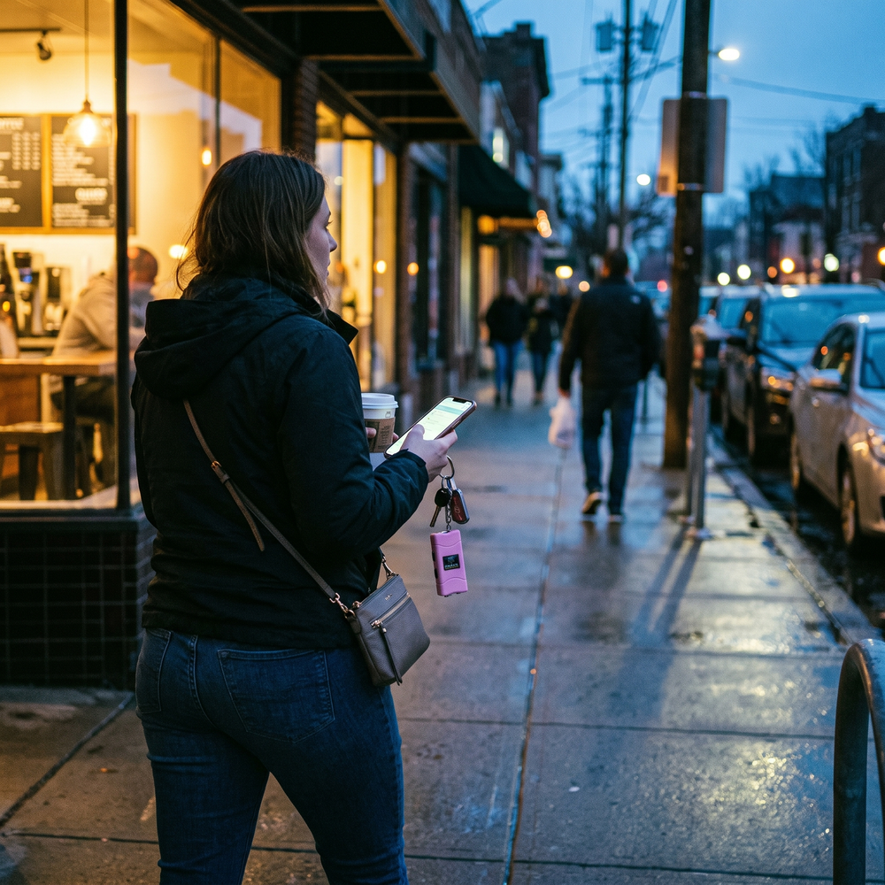 Woman checking her phone outside a coffee shop while carrying pink keychain pepper spray and a compact personal safety device