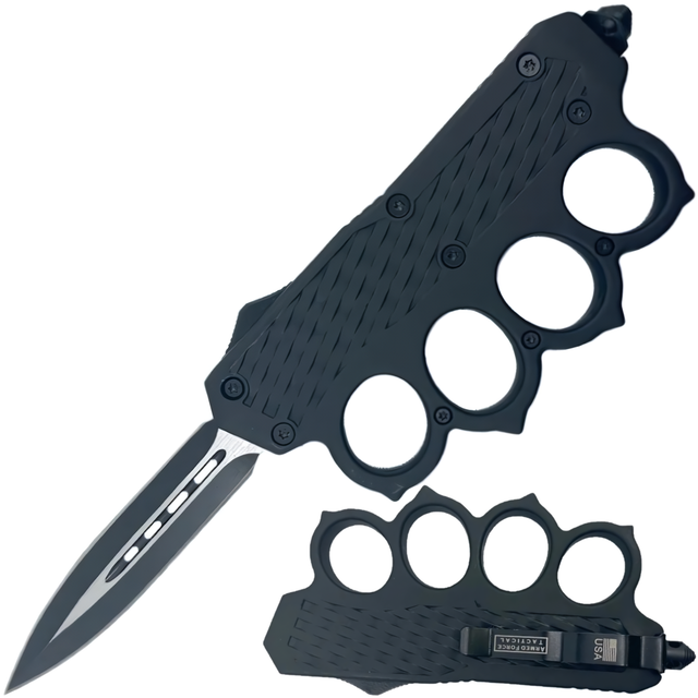 A black automatic OTF (Out the Front) knuckle duster trench knife with a 3.25 inch blade, displayed both open and with the blade recessed into the handle.