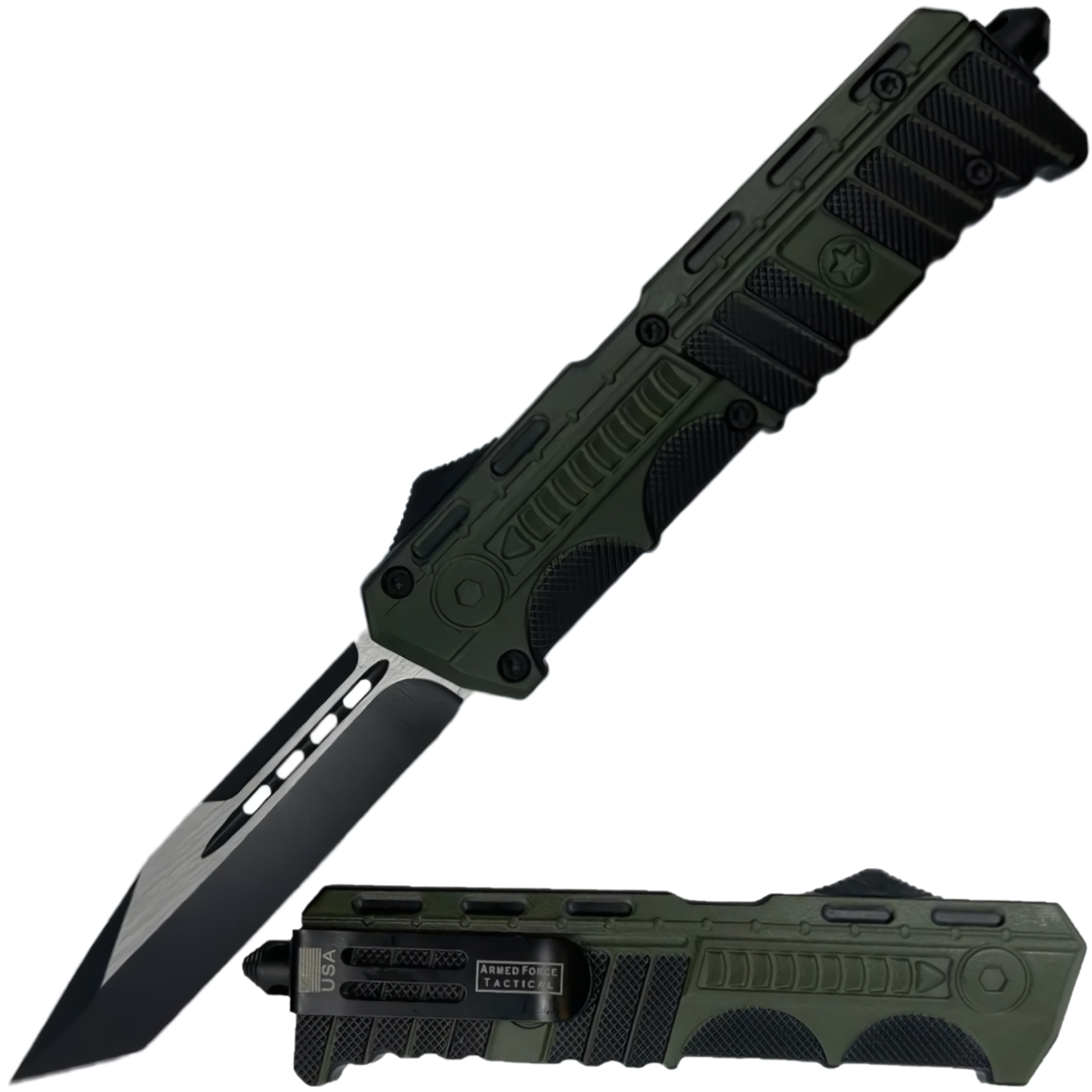A black and green 3.5" Armed Force Tactical Automatic OTF Tanto Knife, shown both open and closed featuring the blade and its metal clip

