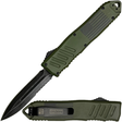 A green 3.25" Armed Force Tactical OTF Dagger Knife, shown both open and closed featuring the blade and its metal clip