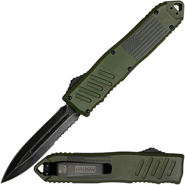 A green 3.25" Armed Force Tactical OTF Dagger Knife, shown both open and closed featuring the blade and its metal clip