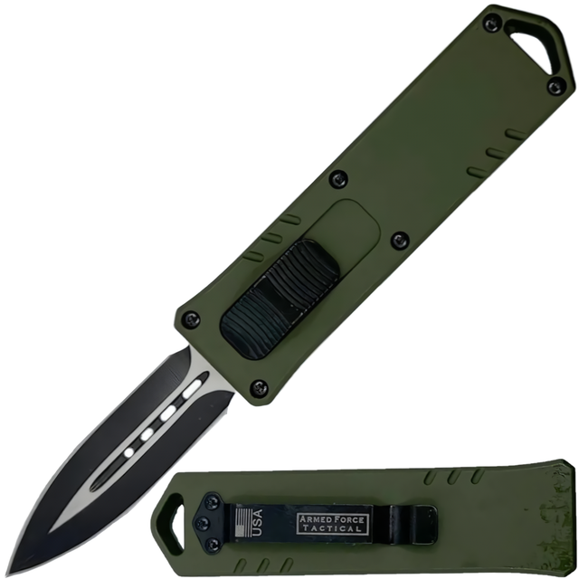 A green 3" Armed Force Tactical Mini Automatic OTF Dagger Pocket Knife, shown both open and closed featuring the blade and its metal clip
