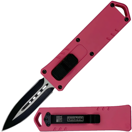 A pink 3" Armed Force Tactical Mini Automatic OTF Dagger Pocket Knife, shown both open and closed featuring the blade and its metal clip