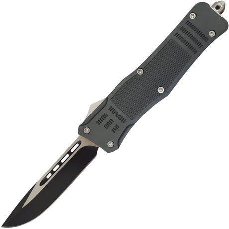 An open black 3.25" Armed Force Tactical Automatic OTF Pocket Knife w/ Molle Holster
