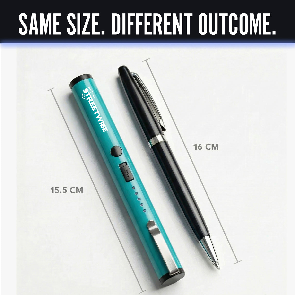 Two pens, one teal stun pen and one black, with measurements on a white background.