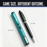 Two pens, one teal stun pen and one black, with measurements on a white background.