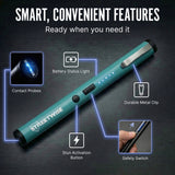 Teal Streetwise stun gun with features highlighted on a dark background