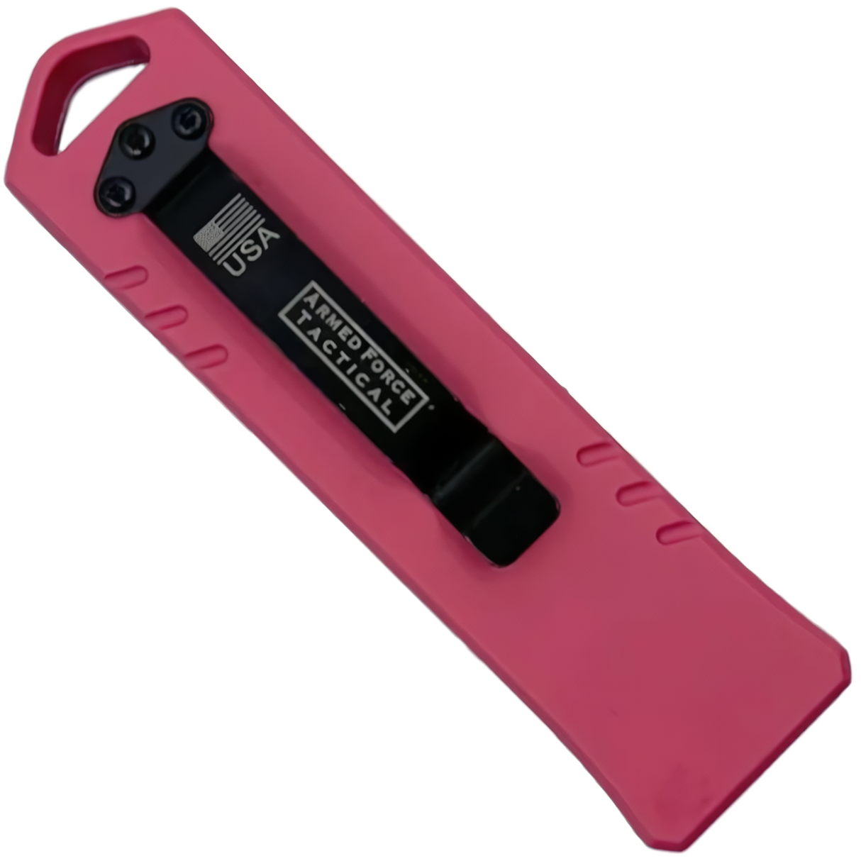 A closed pink 3" Armed Force Tactical Mini Automatic OTF Dagger Pocket Knife with metal clip showing