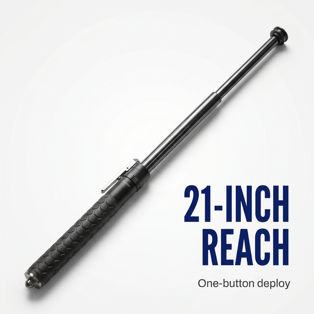 police-force-black-steel-automatic-expandable-baton-21 21 Inches of Reach, One Button Away
