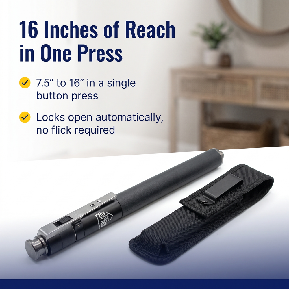 police-force-tactical-automatic-expandable-steel-baton-w-holster-16 16 Inches of Reach in One Press