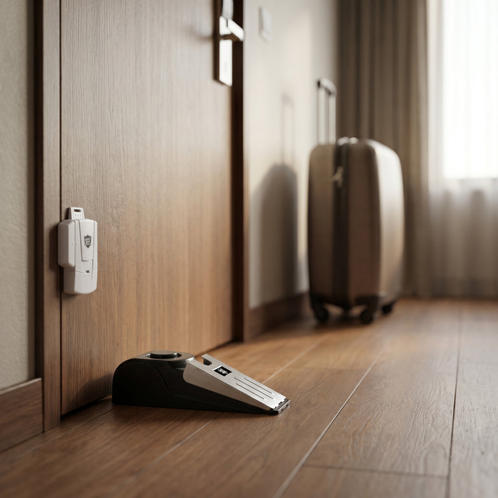 Portable door wedge alarm and wireless contact alarm installed on a hotel room door
