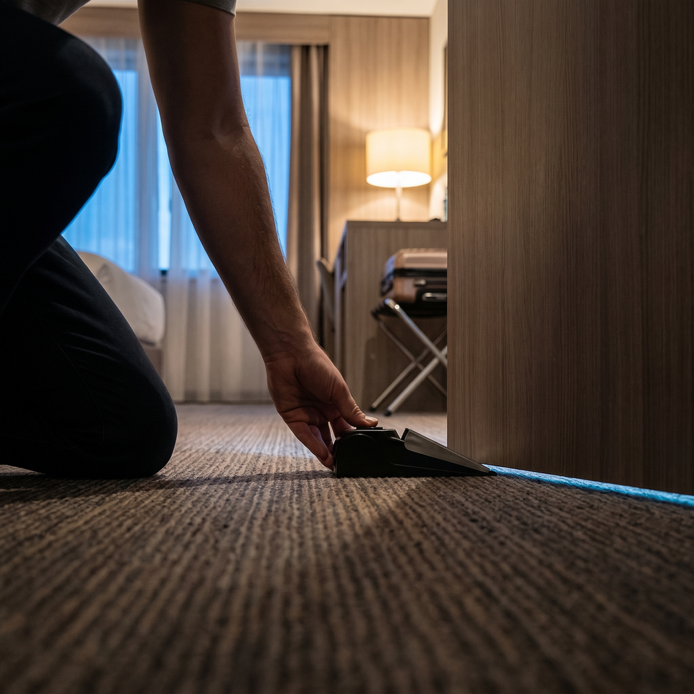 Traveler placing a portable door wedge alarm beneath a hotel room door for added security