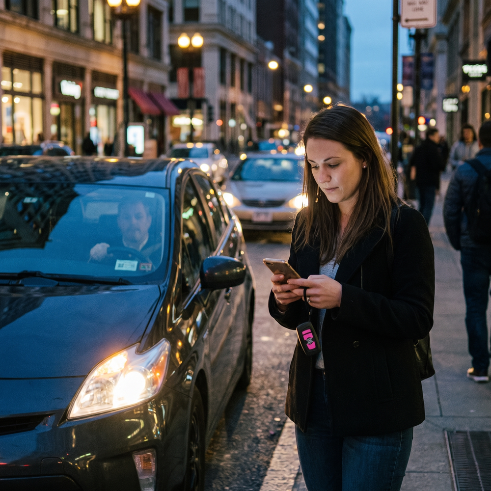 Woman checking her phone beside a rideshare vehicle with a compact personal safety device clipped to her bag