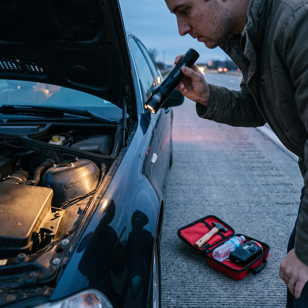 Driver using a tactical flashlight to inspect the engine during a roadside breakdown with an emergency kit nearby