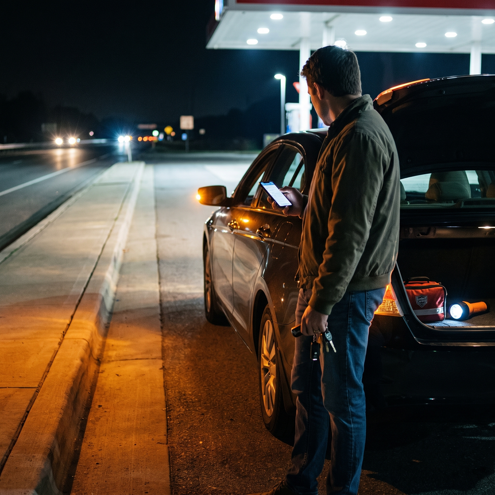 Driver checking his phone beside a disabled car at night while holding a safety flashlight and keys near an open emergency kit