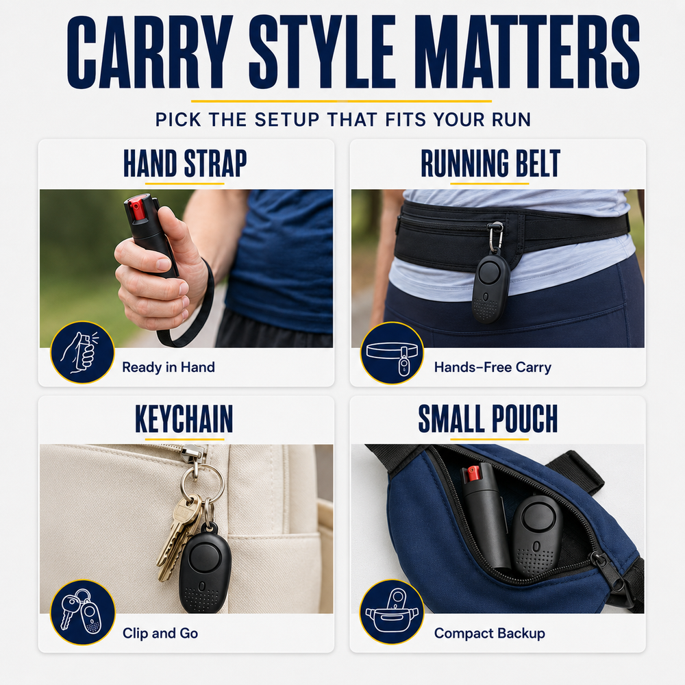 Runner safety gear carry style guide showing hand strap, running belt, keychain, and small pouch options for runners.