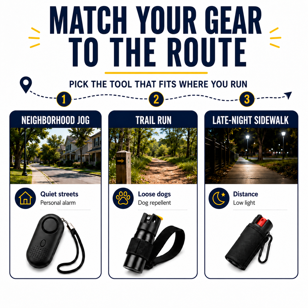 Runner safety gear route guide showing personal alarm, dog repellent, and pepper spray options for neighborhood jogs, trail runs, and late-night sidewalks.