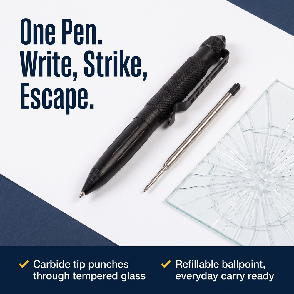 safety-tech-glass-breaker-carbide-tip-refillable-tactical-pen One Pen. Write, Strike, Escape.