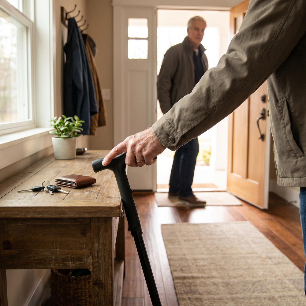 Older man holding a safety walking cane while preparing to leave through the front door of his home