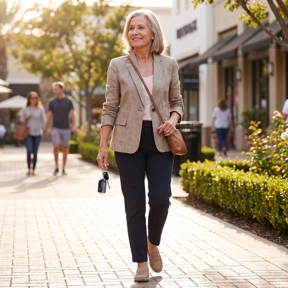 Older woman walking through an outdoor shopping center while carrying a personal safety alarm on her keychain