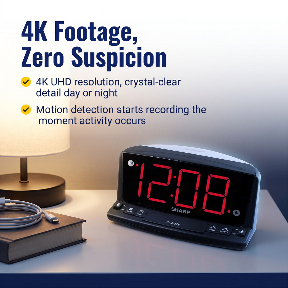 spywfi™-alarm-clock-radio-hidden-motion-detection-spy-camera-4k-wifi 4K Footage, Zero Suspicion