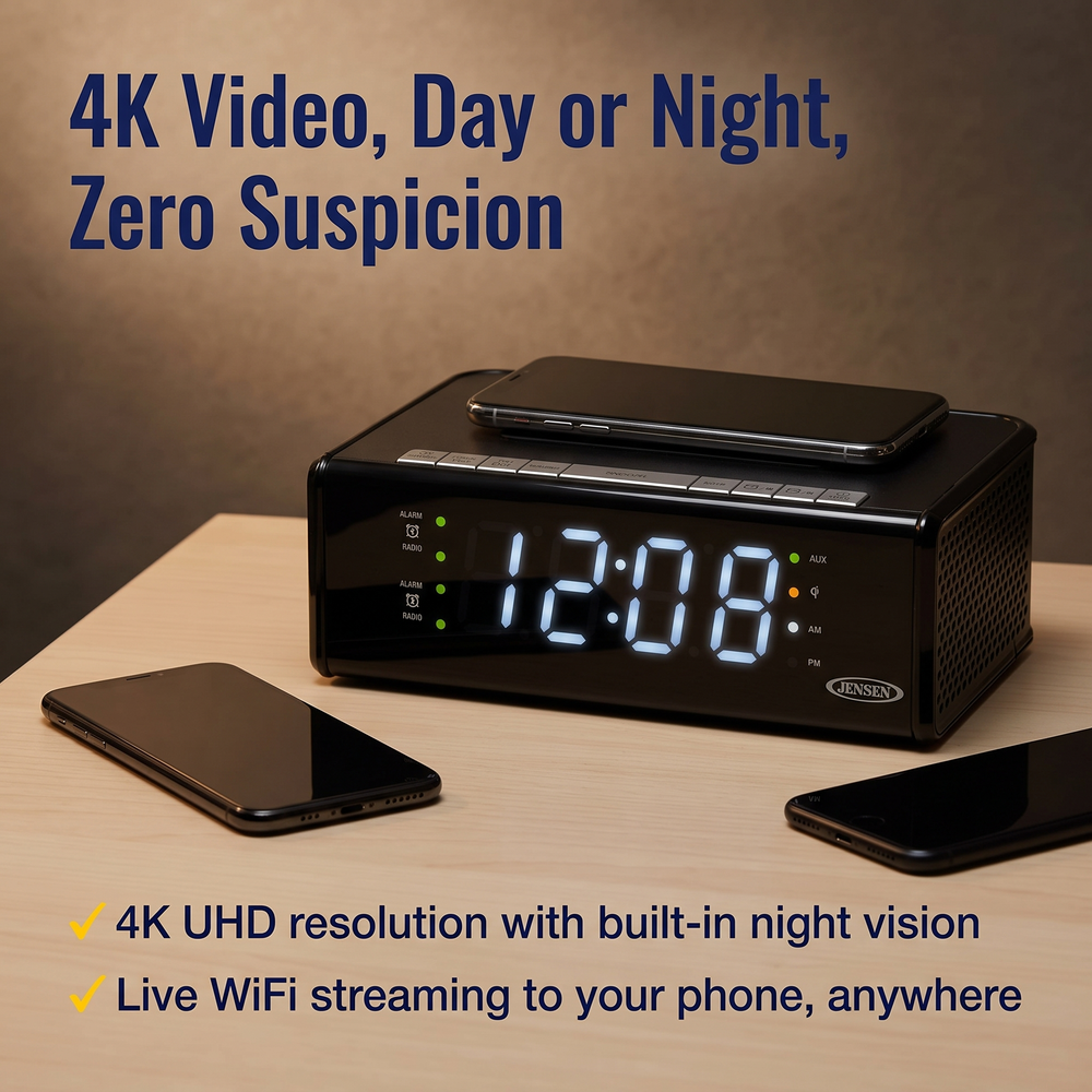 spywfi™-phone-charger-clock-radio-hidden-night-vision-spy-camera-4k-wifi 4K Video, Day or Night, Zero Suspicion