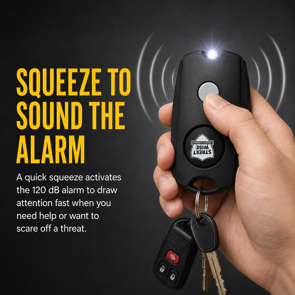 Streetwise 120dB keychain panic alarm squeezed by hand with LED light and sound wave graphics 
