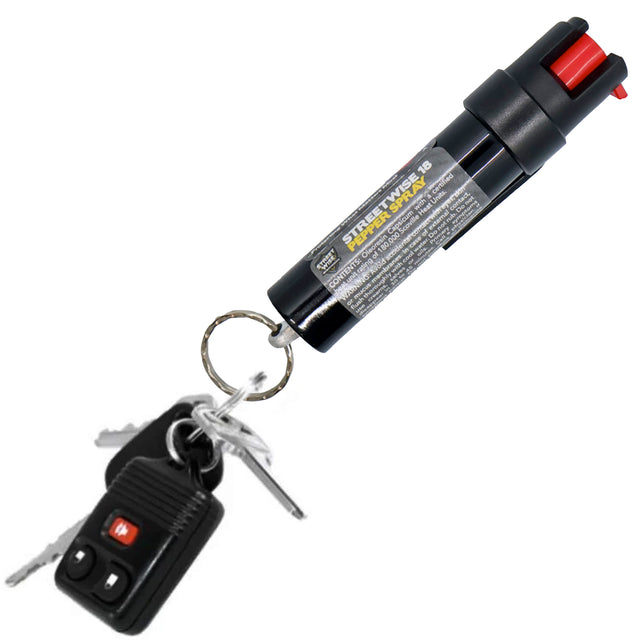 streetwise 18 pepper spray canister with twist lock safety attached to keychain