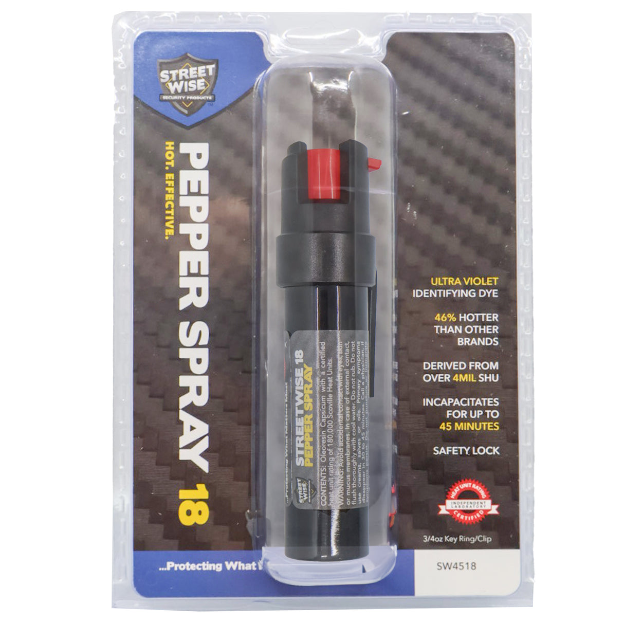 Street Wise pepper spray in packaging with details on a white background