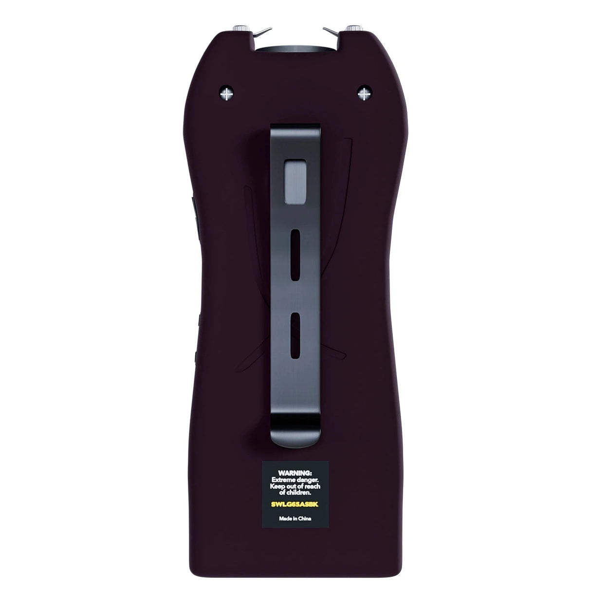 Streetwise black Lifeguard Auto Stun Gun back view showing belt clip attachment