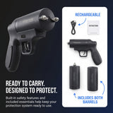 Streetwise Double Defender stun gun and pepper gel kit with rechargeable stun barrel, pepper gel barrel, charging cable, and instructions.