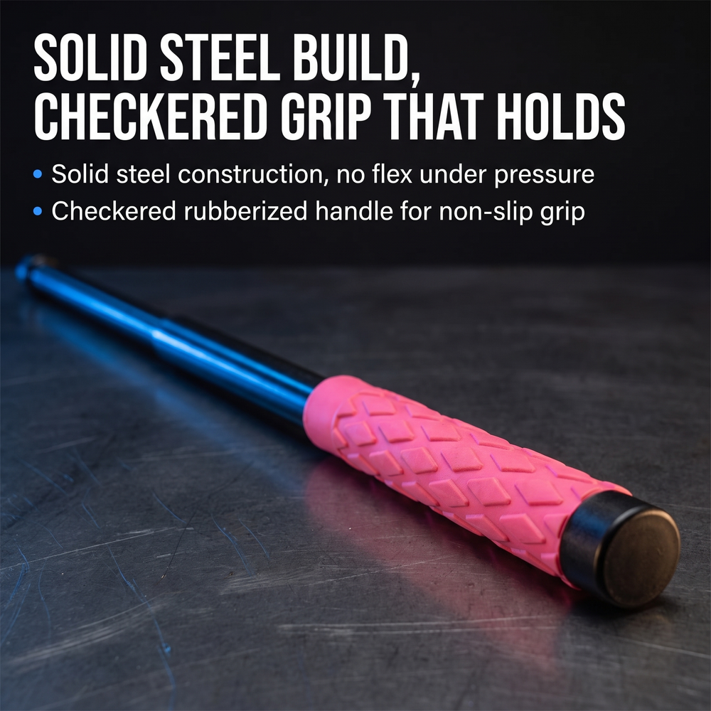 streetwise-expandable-solid-steel-baton-w-pink-holster-21 Solid Steel Build, Checkered Grip That Holds