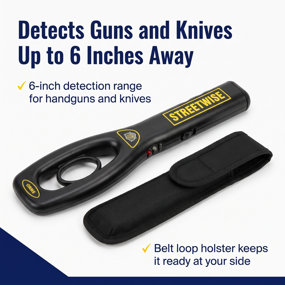 streetwise-finger-grip-metal-detector-w-belt-loop-holster Detects Guns and Knives Up to 6 Inches Away