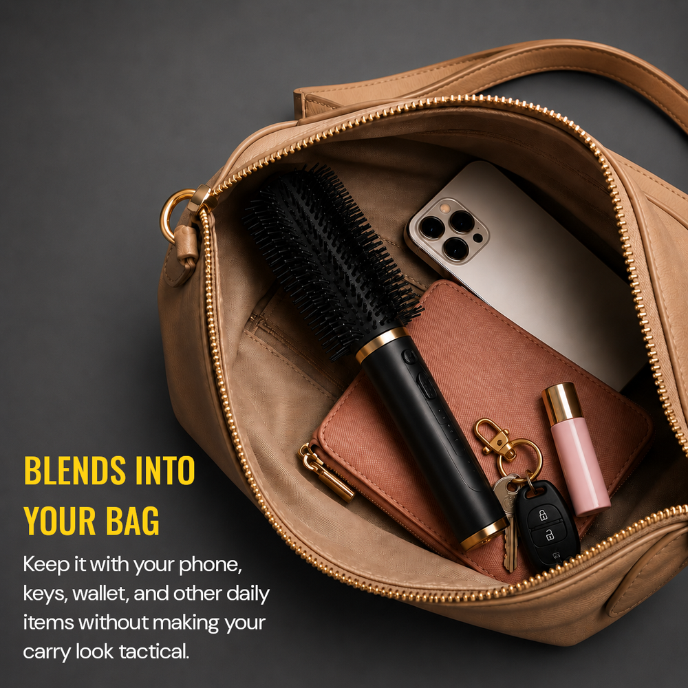 Streetwise Hair Fryer Brush disguised as a rechargeable stun gun inside a purse with phone, wallet, keys, and lip balm 