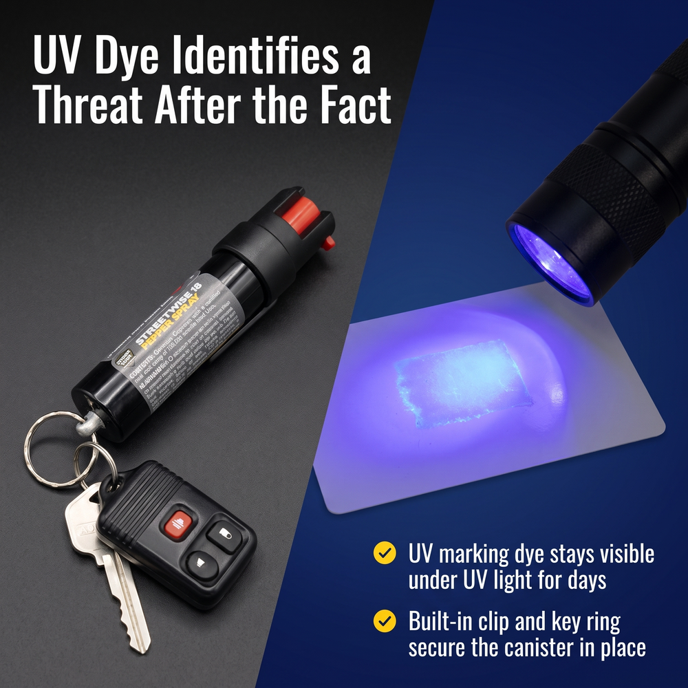 streetwise-keychain-pepper-spray-uv-marking-dye-34-oz UV Dye Identifies a Threat After the Fact