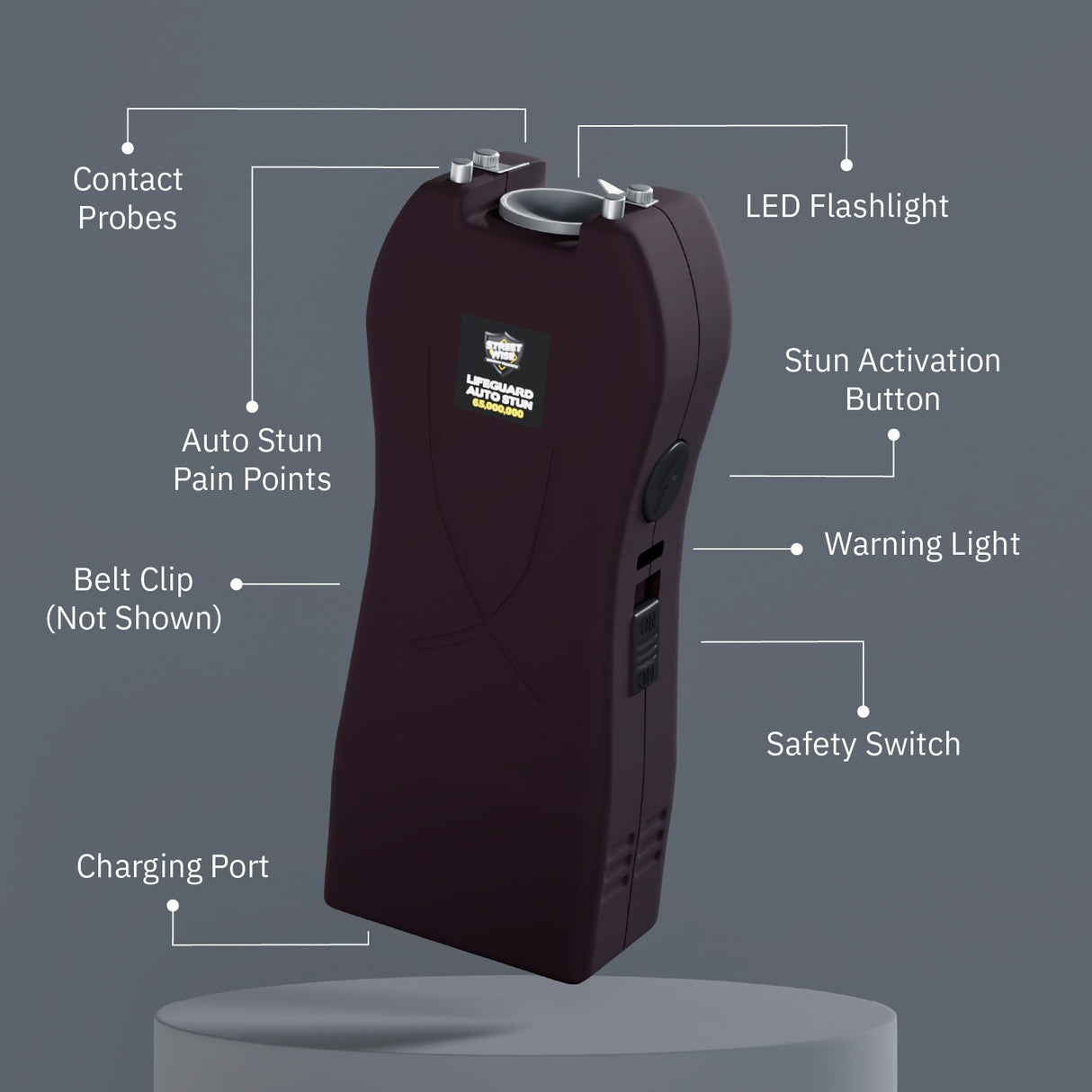 Streetwise Lifeguard Auto Stun Gun diagram labeling pain points, safety switch, and flashlight