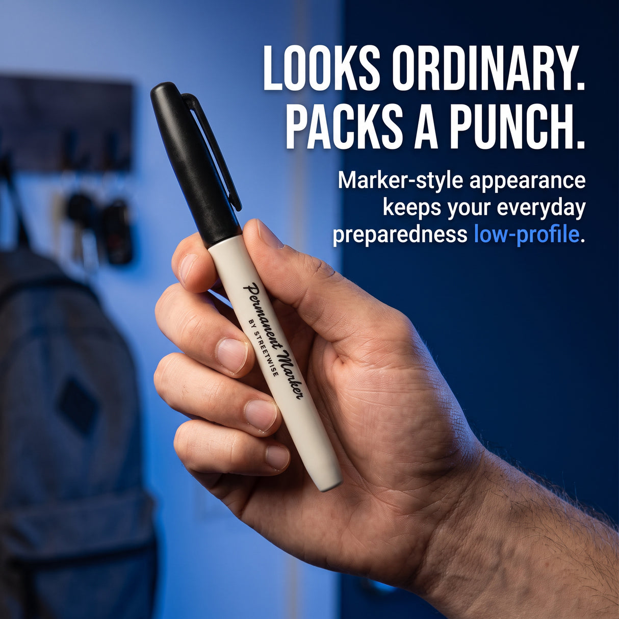 Streetwise Permanent Marker self-defense pen held in hand showing its low-profile everyday marker appearance