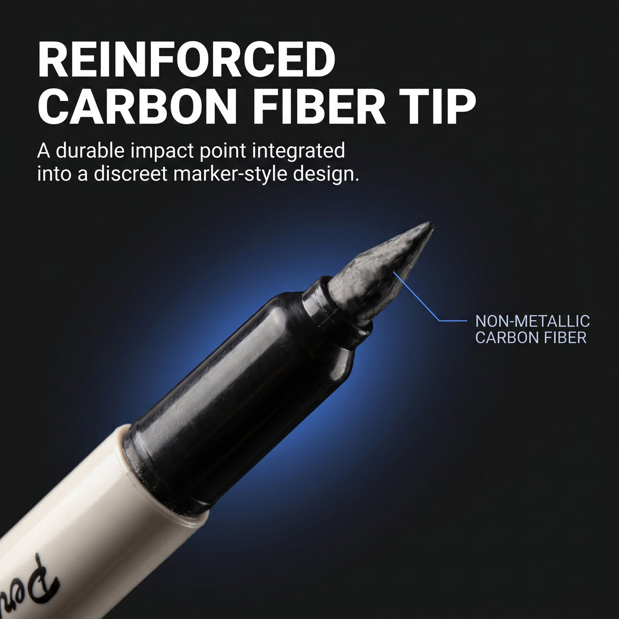 Close-up of the reinforced non-metallic carbon fiber tip on the Streetwise Permanent Marker self-defense pen