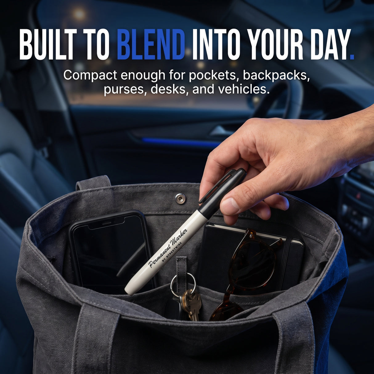 Streetwise Permanent Marker self-defense pen being placed in an everyday bag with phone, keys, sunglasses, and notebook