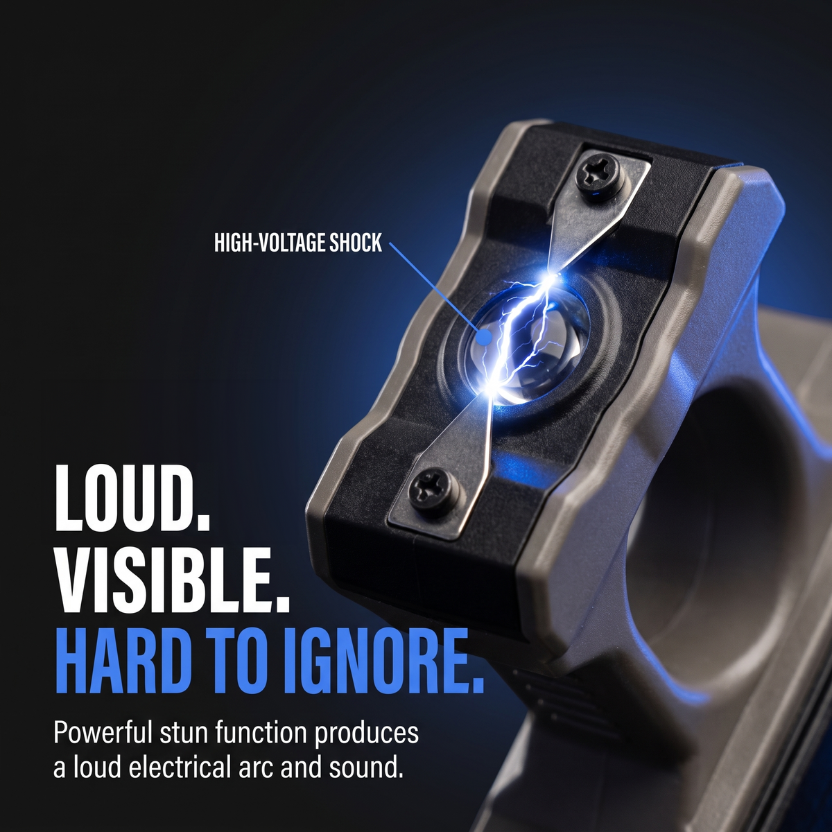 Close-up of a black and gray stun gun device with a glowing blue high-voltage shock arc, accompanied by marketing text on a dark background.