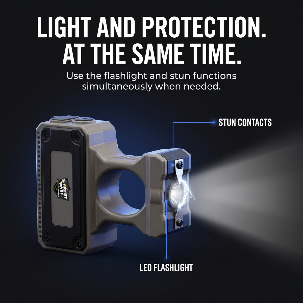 A tactical LED flashlight with integrated stun contacts, shown on a dark background with promotional text highlighting its light and protection features.