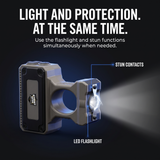 A tactical LED flashlight with integrated stun contacts, shown on a dark background with promotional text highlighting its light and protection features.