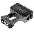 A black and gray tactical rechargeable ring stun gun with flashlight and stun activation button on a white background