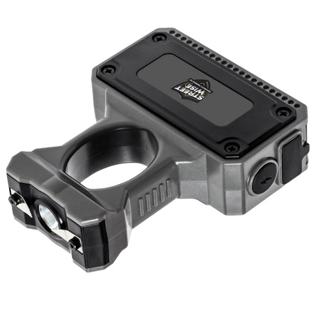 A black and gray tactical rechargeable ring stun gun with flashlight and stun activation button on a white background