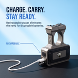A handheld metallic and black stun gun with a white charging cable plugged in, shown on a dark surface against a light blue gradient background.