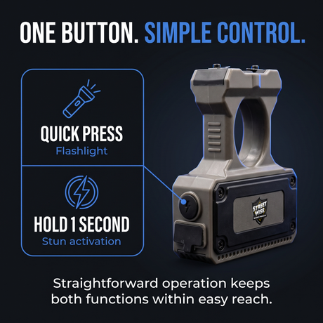 A tactical-style handheld stun gun with integrated flashlight on a dark blue background, with marketing text explaining one-button simple control, quick press flashlight, and hold 1 second stun activation.